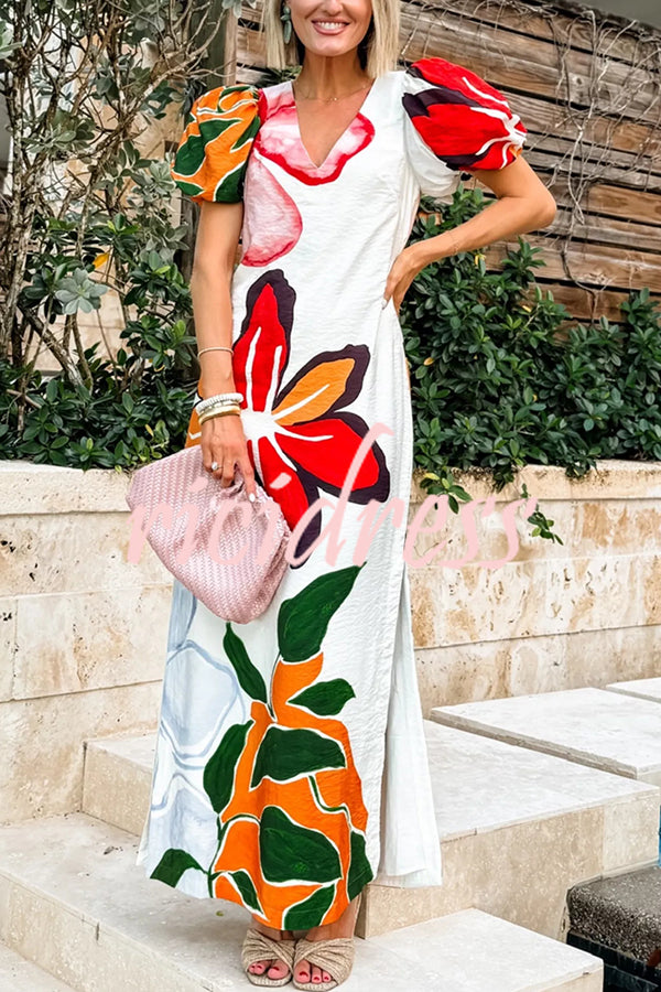 Summer Gala Floral Print Puff-Sleeve A-Line Slit Maxi Dress