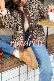 Warm Feel Colorblock Leopard Print Plush Button Up Pocketed Teddy Jacket