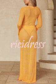 Seaside Goddess Crochet Knit Hollow Out Golden Ring Long Sleeve Cover-up Maxi Dress