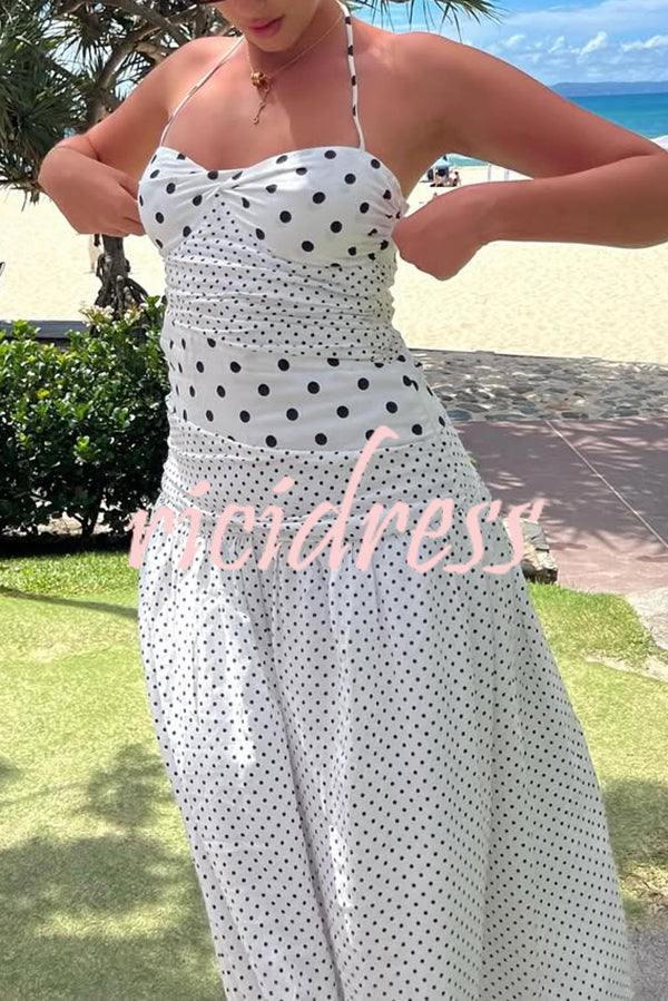 Polka Dot Print Halterneck Tie-stitched Slim Maxi Dress