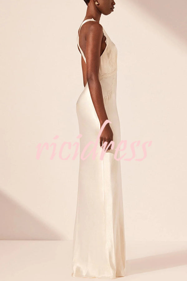 Modern Day Glam Satin Lace Trim V-neck Cross Back Maxi Dress