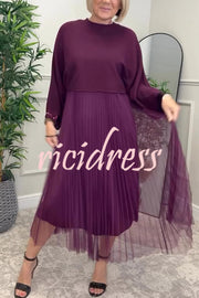 Fenna Ribbed Sequin Trim Batwing Sleeve Sweater and Pleated Tulle Stretch Tank Midi Dress Two-piece Set