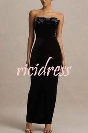 Illusion Velvet Bandeau neck Bow detail Stretch Maxi Dress