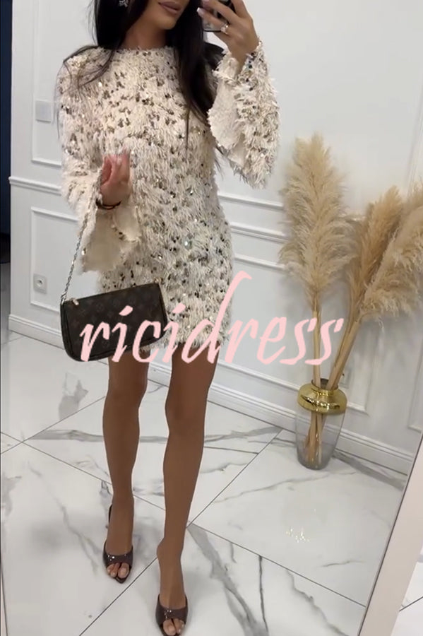 Twilight Ember Knit Sequin Tassels Wide Neck Long Bell Sleeve Mini Dress