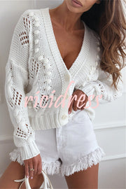 Fashion Hollow Long Sleeve V-neck Button Loose Knitted Cardigan