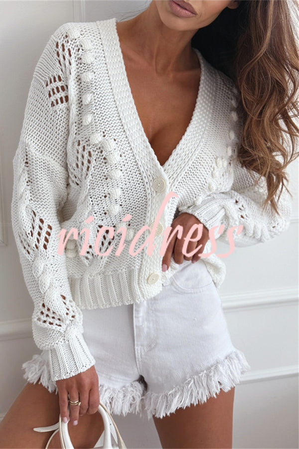 Fashion Hollow Long Sleeve V-neck Button Loose Knitted Cardigan