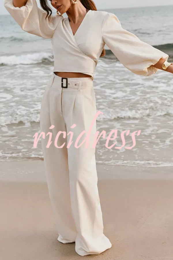 Lets Go Out Linen Blend Balloon Sleeve Wrap Tie-up Loose Top