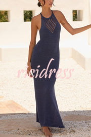 Solid Color Hollow Sexy Backless Slit Knitted Cover-up Maxi Dress