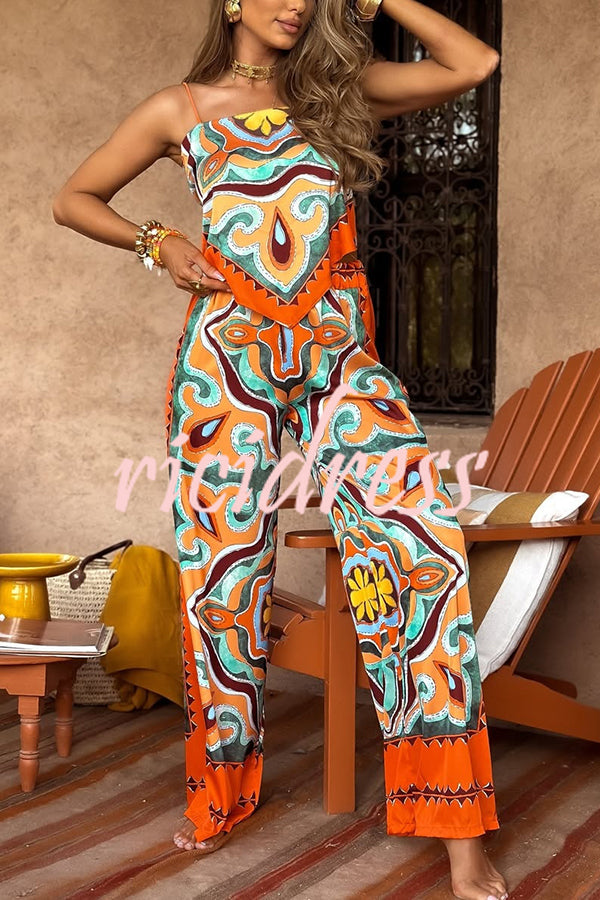 Ethnic Style Unique Print Tube Top and Elastic Waist Casual Pocket Wide Leg Pants Set