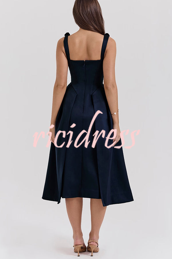 Midnight Charm Satin Twist Shoulder Straps Pocket Pleated Midi Dress