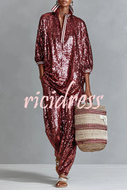 Holiday Honey Sequin Striped Trim Half Sleeve Loose Shirt and Elastic Waist Pocket Wide Leg Pants Set