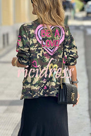 Be A Lover Camouflage Heart Graffiti Detail Lapel Loose Blazer Jacket