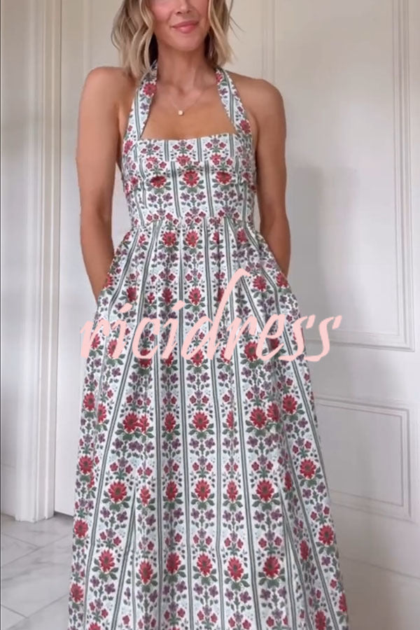 Summer Event Linen Blend Floral Pocketed Halter Maxi Dress