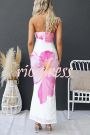 Pamona Mesh Floral Print Twist Off Shoulder Stretch Maxi Dress