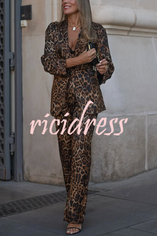 Chic View Leopard Print Tie-up Waist Lapel Blazer and Elastic Waist Loose Pants Set