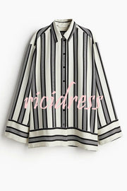 Lifetime of Happiness Striped Long Sleeve Loose Shirt and Elastic Waist Pocket Pants Set