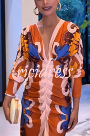 Bahamas Unique Print Dolman Long Sleeve Ruched Slit Midi Dress