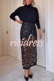 Gorgeous Flower Embellished Sequin Sheer High Rise Slit Midi Skirt