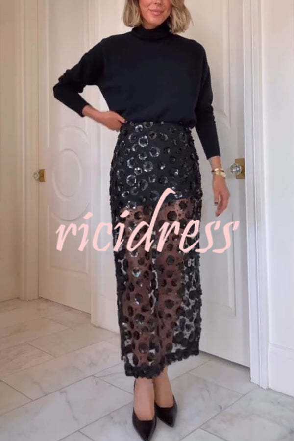 Gorgeous Flower Embellished Sequin Sheer High Rise Slit Midi Skirt