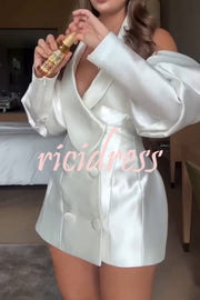 Muse Satin Double-breasted Split Puff Sleeve Back Lace-up Halter Blazer Mini Dress
