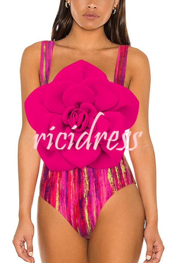 Fashionable Contrast Color Large Flower Stretch One-piece Swimsuit