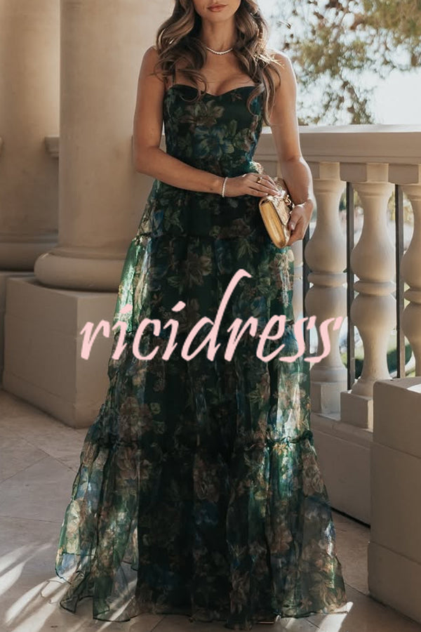 Exclusive Glamour Organza Floral Print Tiered Slip Maxi Dress