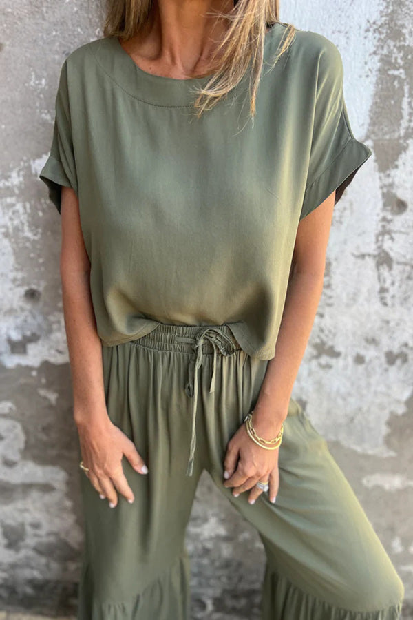 Solid Color Crew Neck Short-sleeved Casual Top and Elastic Waist Tie Pocket Wide Leg Pants Set