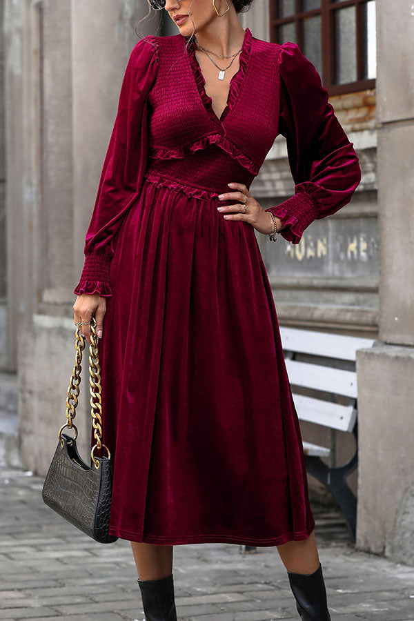 Solid Color Velvet Pleated Ruffled V-neck Long Sleeve Elegant Midi Dress