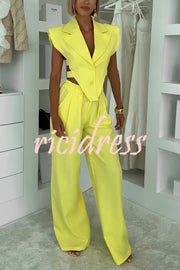 Fashion Style Lapel Waist-baring Irregular Vest and  Elastic Waist Pocket Loose Pants Set