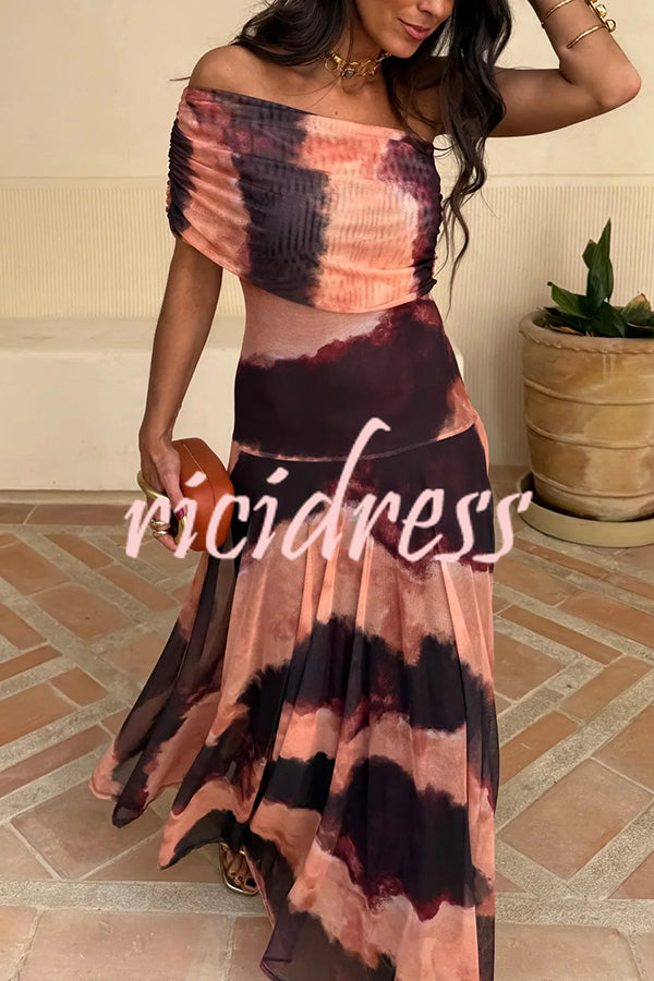 Unique Printed Off-the-shoulder Waisted Holiday Maxi Dress