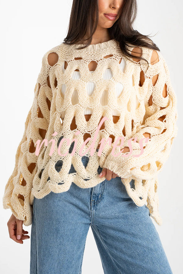 Solid Color Casual Hollow Long-sleeved Holiday Knitted Sweater