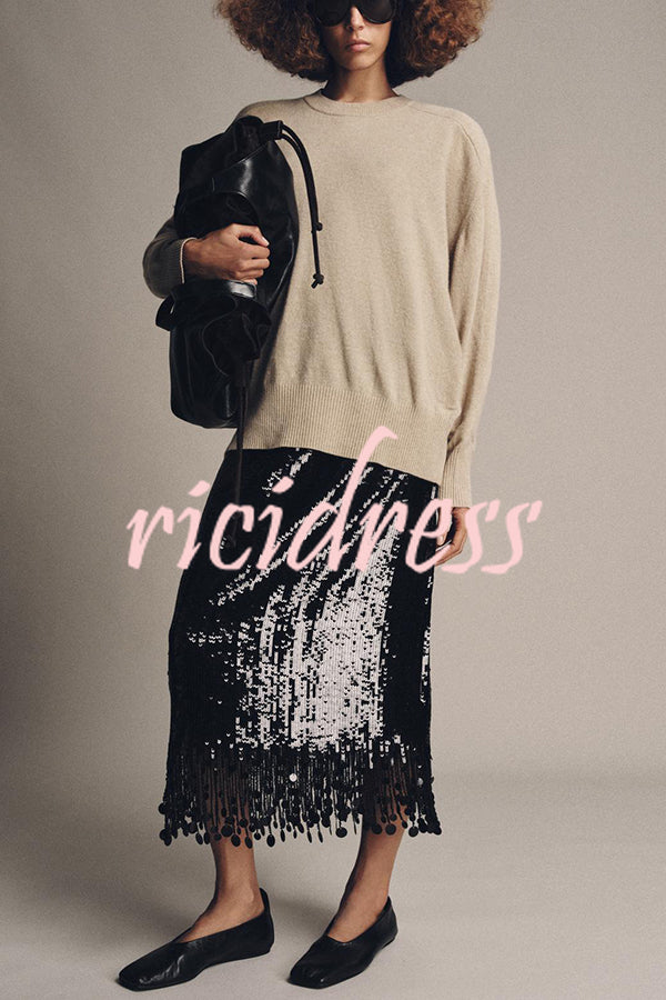 City Queen Sequin Tassel Round Pieces High Rise Back Zipper Midi Skirt