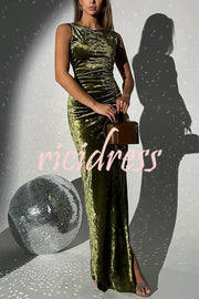 Solid Color Velvet Round Neck Sleeveless Slim Slit Maxi Dress