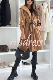 Effortless and Warm Textured Fabric Drawstring Waist Pocket Hooded Midi Coat