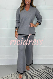 Solid Color V-neck Long-sleeved Loose Top and Elastic Waist Wide-leg Pants Set