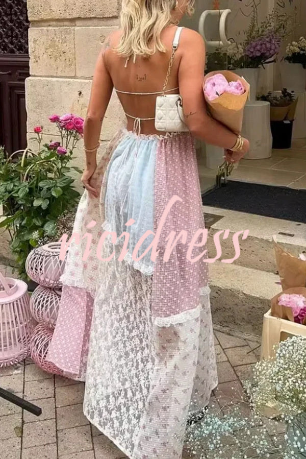 Floral Lace Sexy Halterneck Backless Patchwork Maxi Dress