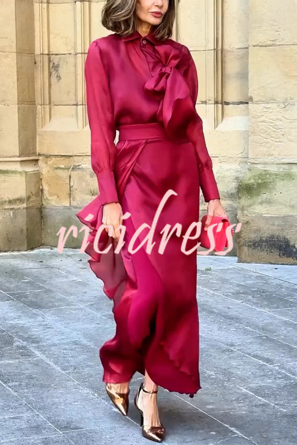 Lily Chiffon Bow Detail Puff Sleeve Blouse and Elegant Layered Maxi Skirt Set