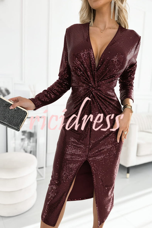 Coralia Sequin V-neck Long Sleeve Twist Waist Front Slit Midi Dress