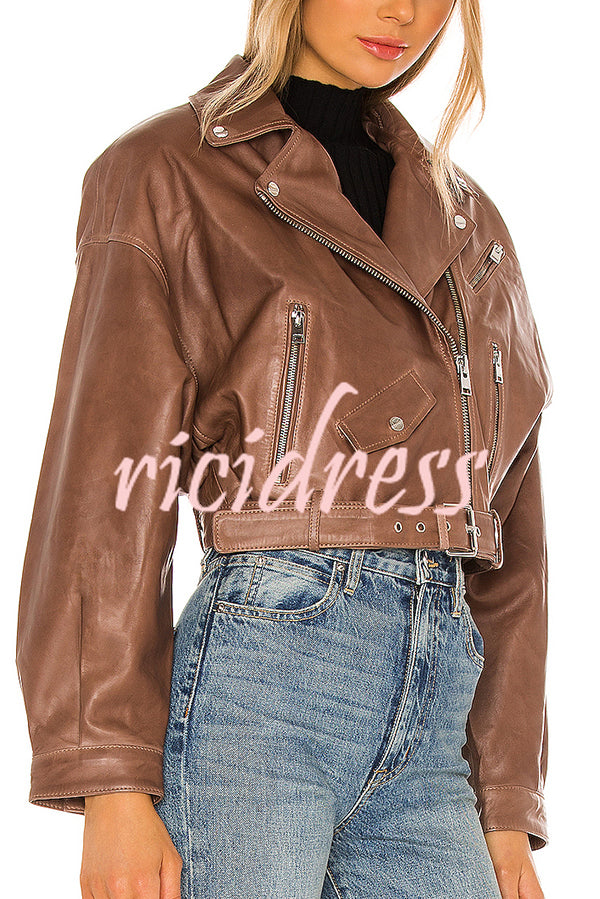 Fashion Lapel Long Sleeve Casual Zipper Pocket Leather Jacket