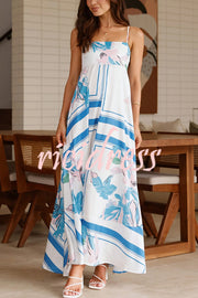 Botanical Print Halter Square Neck Pleated Loose Maxi Dress