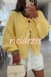 Solid Color Long-sleeved V-neck Lace-up Loose Knitted Sweater