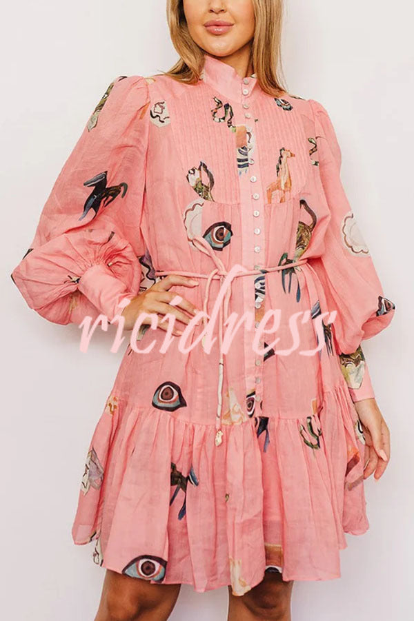 Unique Print Single Breasted Balloon Sleeve Tie Waist Ruffled Mini Dress