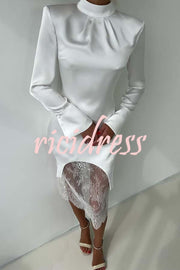 Melissa Satin High Neck Long Sleeve Curved Hem Top and Lace Midi Skirt Set