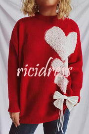 Love Jacquard Loose Cute Bowknitted Long Sleeve Sweater