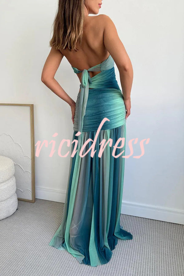 Soleil Mesh Printed Starfish Pendant Ruched Cutout Off Shoulder Maxi Dress