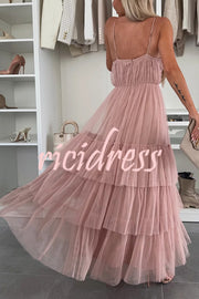 Romantic Movie Tulle Ruched Tiered Hem Slip Maxi Dress