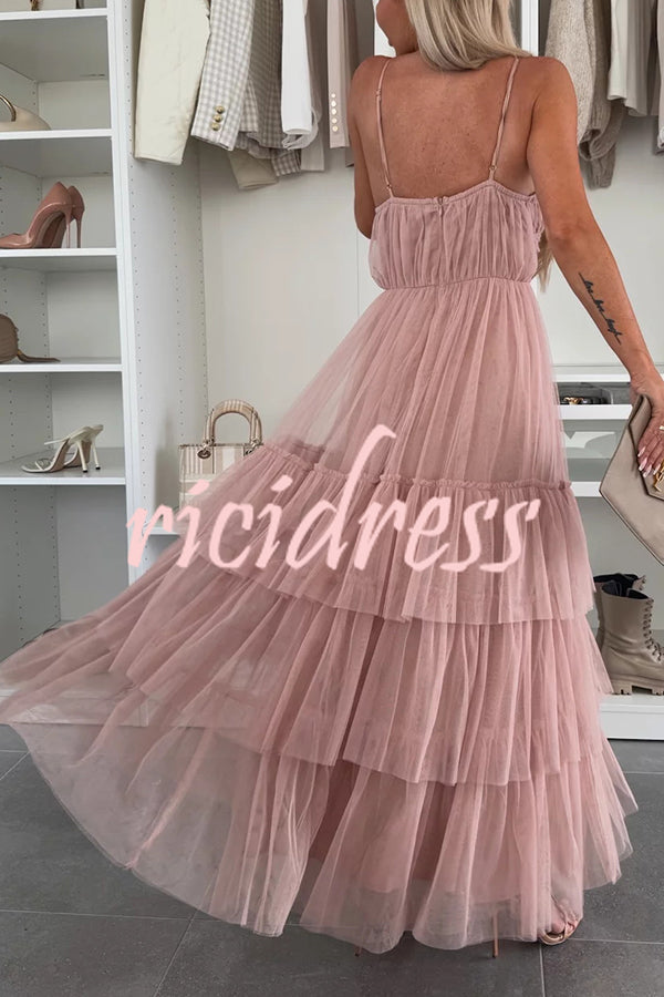 Romantic Movie Tulle Ruched Tiered Hem Slip Maxi Dress