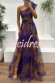 Charming Embrace Tulle Floral Pleated One Shoulder Slit Maxi Dress