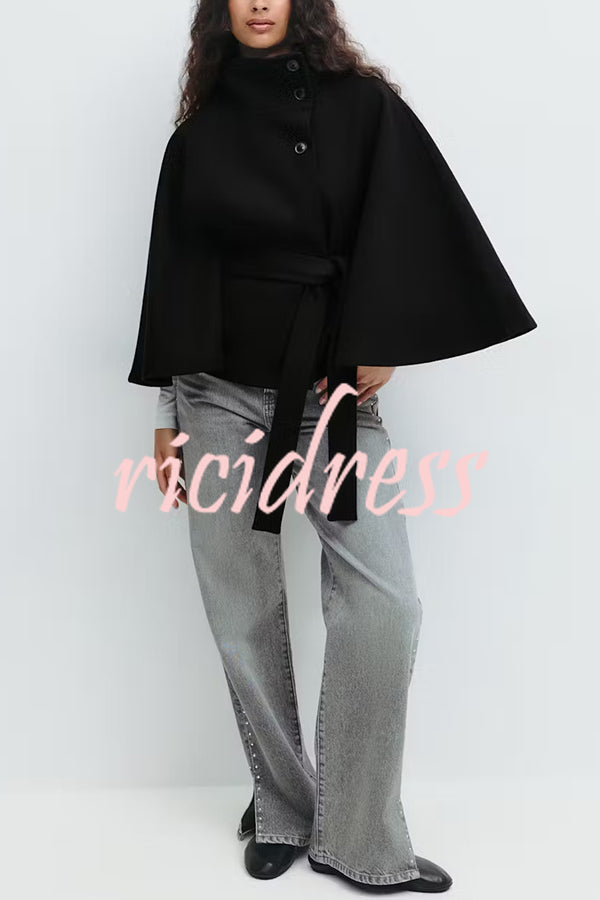 Fashionable Stand Collar Button Waist Tie Loose Cape