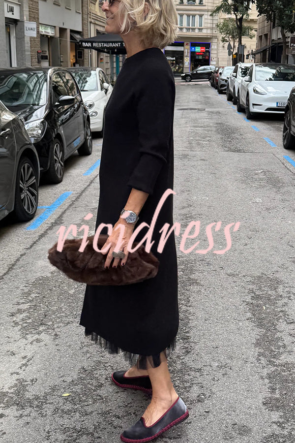 Jollie Knit Long Sleeve Front Slit Midi Sweater and Pleated Tulle Stretch Tank Midi Dress Two-piece Set